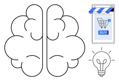 Mobil alışveriş uygulaması ve ampulün yanındaki beyin. Yaratıcılık, eCommerce, yenilik, teknoloji ve tüketici davranışı için ideal. Temiz ve basit stil