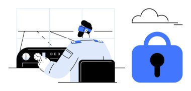 Güvenlik ve bulut depolama sembolünü temsil eden mavi asma kilit sembollü kontrol panelinde oturan üniformalı pilot. Havacılık, siber güvenlik ve bulut teknolojisi için ideal.
