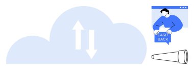 Çift yönlü okları olan büyük bir bulut elinde nakit para levhası ve teleskop tutan bir insan. Bulut hesaplama, veri transferi, çevrimiçi tasarruf, keşif ve gelecekteki teknoloji temaları için ideal