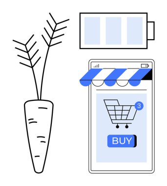 Solda havuç, alışveriş arabası ikonlu mobil cihaz ve sağda satın alma düğmesi, üstünde pil sembolü. E-ticaret için ideal, mobil uygulama arayüzleri, çevrimiçi market alışverişi, tarım teknolojisi