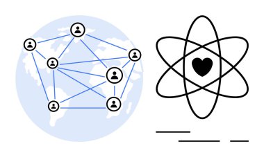 Dünya haritası üzerinden birbirine bağlı ikonlar, küresel sosyal ağları gösteriyor. Sağda, ortasında kalp olan bir atom sembolü. Bilim, teknoloji, bağlantı ve toplum için ideal