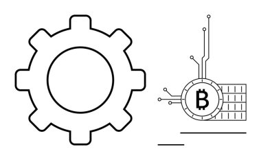 Devre çizgileri olan dişli simgesi ve Bitcoin sembolü. Engelleme zinciri tartışmaları, finans, kripto para birimi, dijital teknoloji ve yenilik için ideal. Basit bir sanat tarzı. Bu görüntü temiz.