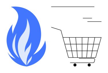 Hareket çizgileri olan basit bir alışveriş arabasının yanında mavi alev. Ekommerce, hız, enerji verimliliği, dağıtım hizmeti, online alışveriş için ideal. Temiz minimalist tasarım