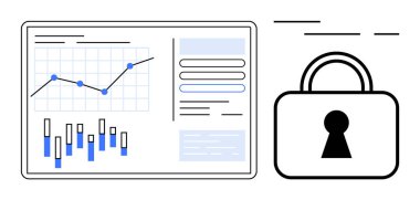 Kilit simgesi olan bir grafik ve bar çizelgesi. Veri güvenliği, bilgi koruması, analitik, iş zekası ve siber güvenlik gibi konular için idealdir. Mavi tonlu modern minimalist stil