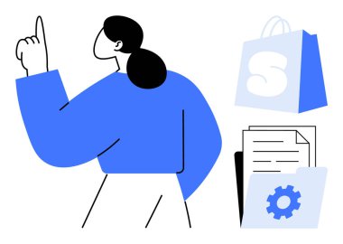 Bir kadın, bir alışveriş çantası, içinde belgeler ve vites simgesi olan bir klasör ile yukarıyı işaret eder. İş, alışveriş, çevrimiçi mağazalar, ofis işleri ve verimlilik için ideal. Basit vektör sanat biçimi