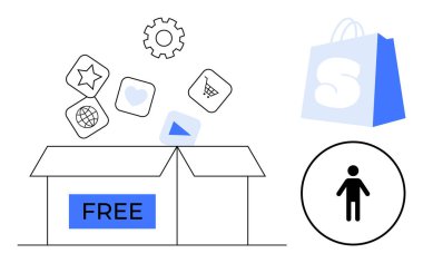 Bedava tabela ve yıldız, kalp, el arabası, vites dahil çeşitli simgelerle dolu kutuyu aç. Yakınlarda S harfli bir alışveriş çantası ve içinde insan sembolü olan bir daire var. İnternet alışverişi için ideal