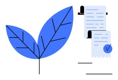 A blue leaf is illustrated alongside a checklist roll with a checkmark, emphasizing themes like sustainability, environmental responsibility, and eco-friendly practices. Ideal for green initiatives clipart