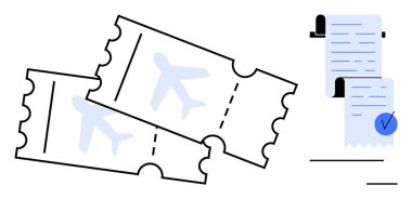 Uçak ikonlarının olduğu iki uçak bileti ve yanında da kontrol işareti olan bir makbuz. Seyahat planı, bilet rezervasyonu, uçuş doğrulaması, havayolu hizmetleri, tatil hazırlıkları için ideal. Minimalist vektör