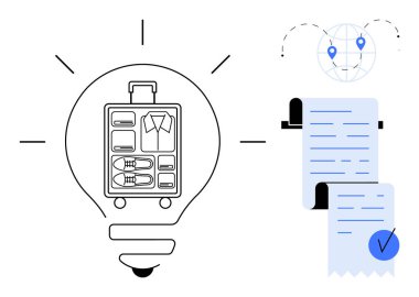 Seyahat temalı bir konsept, paketlenmiş bir bavul, iğneli bir konum haritası ve mavi işaretli bir kontrol listesi içeren bir ampul ile görüntülenir. Tatil, planlama, organizasyon için ideal