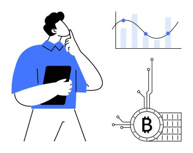 Elinde tablet tutan bir adam mali yönleri düşünüyor. Grafik hisse senedi eğilimlerini temsil ediyor. Bitcoin sembolü kripto para birimini vurguluyor. Finans, yatırım, hisse senetleri, kripto para birimi, veri analizi için ideal