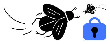 Mavi asma kilit sembolünün yanında uçan iki siyah sinek. Siber güvenlik, mahremiyet, kısıtlı erişim, koruma ve veri güvenliği için ideal. Basit ve minimalist stil
