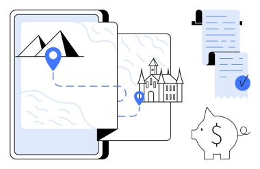 Dağlardan kaleye giden bir güzergahı olan dijital harita, kontrol listesi ve seyahat planlarını simgeleyen kumbara. Seyahat organizasyonu, seyrüsefer yardımı, bütçe ve seyahat belgeleri için ideal