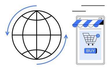 Okları ve mobil cihazları olan online alışveriş arabası ve satın alma düğmesi olan bir dünya. E-ticaret, çevrimiçi alışveriş, dijital pazarlama, küresel iş, perakende yenilik için ideal. Minimalist modern tarz