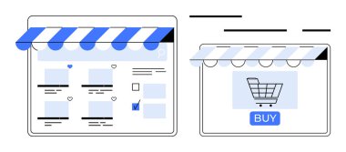 İki çevrimiçi vitrin, mavi çizgili tenteli, biri şebeke ürün listeli, diğeri de alışveriş arabası ikonu ve satın alma düğmeli. İnternet üzerinden e-ticaret dijital pazarlama web sitesi tasarımı için ideal