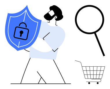 Kalkanı kilit, büyüteç ve alışveriş arabasıyla tutan kişinin vektörü. Siber güvenlik, çevrimiçi alışveriş güvenliği, veri koruması, gizlilik tedbirleri ve güvenli işlemler için ideal. Basit.