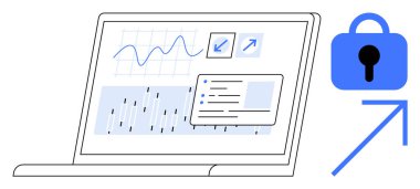Bilgisayar ekranında veri analizi ve güvenlik önlemleri için grafikler ve grafikler asma kilit ve yukarı doğru ok ile gösteriliyor. Siber güvenlik, veri koruması, finansal büyüme, analitik ve teknoloji için ideal