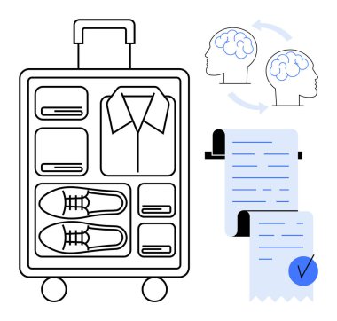 Organize kıyafet ve ayakkabılarla dolu bir bavul birbiriyle etkileşen iki beyin ikonu ve seyahat hazırlığı ve zihinsel planlama için ideal seyahat organizasyonu verimliliği anlamına gelen bir kontrol listesi.