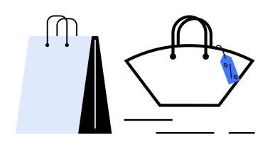 Bir alışveriş çantası ve üzerinde fiyat etiketi olan bir çanta. Perakende, moda, alışveriş, satış ve tüketim temaları için ideal. Öge satın alma kavramına odaklı basit tasarım biçimi