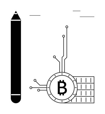 Devre çizgilerine bağlı Bitcoin sembolünün yanındaki kalem yaratıcılık ve teknolojinin kesişimini temsil ediyor. Finansal teknoloji, kripto para birimi, dijital güvenlik ve yenilik için ideal