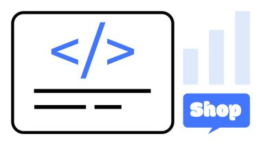 Kelime dükkanı ve bar grafiği olan bir konuşma balonunun yanındaki soyut kod sembolü. Web geliştirme, e-ticaret, teknoloji, çevrimiçi alışveriş, dijital iş, pazarlama, analitik, vektör sanatı için ideal