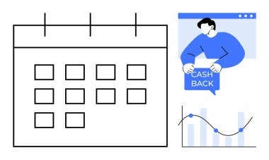 Şebeke takvimi, Cash Back işareti tutan kişi ve mavi düğümlü grafikler. Nakit terfiler, finansal planlama, planlama, iş analizi, zaman yönetimi için ideal