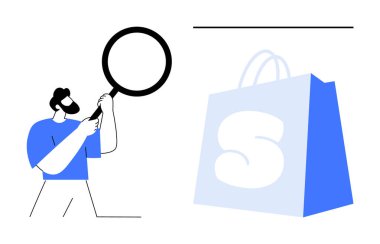 Bir kişi, büyük S logosu olan bir alışveriş torbasını inceleyen bir büyüteç tutuyor. E-ticaret, çevrimiçi alışveriş, müşteri değerlendirmeleri, marka farkındalığı ve ürün arama temaları için ideal. Basit, modern.