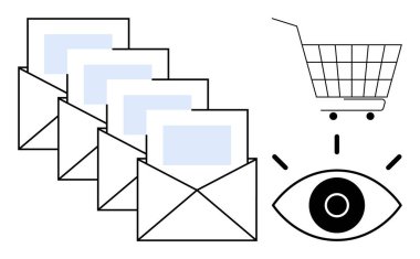 Mektuplarla dolu zarflar, alışveriş arabası ve büyük bir göz. E-posta pazarlama, e-ticaret, müşteri ilişkileri, dijital reklamcılık ve çevrimiçi alışveriş temaları için ideal. Modern düz stil