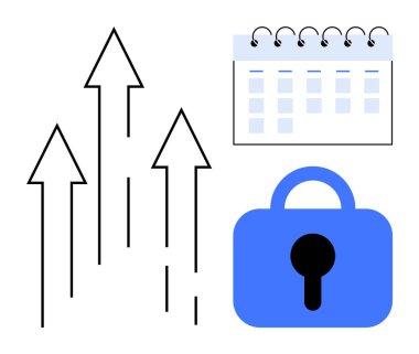 Yukarı doğru giden siyah oklar, mavi kilit sembolü ve beyaz arka planı olan bir takvim. İş planlaması, güvenlik, veri koruması, büyüme stratejisi ve proje yönetimi temaları için ideal