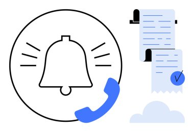 Sesi gösteren çizgileri olan dairesel bir çan simgesi, mavi bir telefon alıcısı, ve mavi işaretli bir kağıt üzerinde kontrol listesi. İletişim için ideal, anımsatıcı, bildirim, görev yönetimi