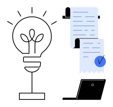 İçinde bitki bulunan ampul yaratıcılığı ve fikirleri sembolize eder. Görev yönetimini gösteren işaretli kağıt rulo üzerinde kontrol listeleri. Laptop teknolojiyi temsil ediyor. Beyin fırtınası seansları için ideal