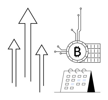 Basitleştirilmiş çizim, yukarı doğru üç ok, devrelere bağlı bir Bitcoin sembolü ve bir masa takvimi. Kripto para birimi eğilimleri, finansal büyüme, teknoloji ve planlama gibi konular için ideal