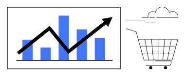 Çizgi grafiği olan bar tablosu, alışveriş arabası ve bulutlarla yükselen bir eğilim gösteriyor. E-ticaret, satış büyümesi, piyasa analizi, iş stratejileri ve dijital pazarlama için ideal. Minimalist vektör