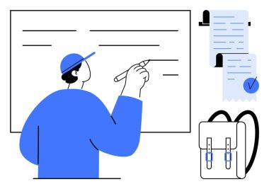 Belgeleri ve sırt çantasıyla tahtaya yazı yazan kişi. Eğitim, sunumlar, planlama, organizasyon ve öğrenci hayatı temaları için idealdir. Modern bir model için basit çizgiler ve canlı mavi renk.