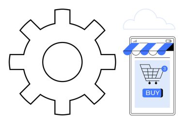 Bir vites, bir alışveriş arabasıyla çevrimiçi bir mağazayı gösteren bir akıllı telefonun yanında ayarları veya optimizasyonu sembolize eder ve satın alma düğmesine basar. Çevrimiçi alışveriş, dijital pazarlama, e-ticaret, teknoloji için ideal