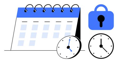 İki saat ve asma kilit sembollü spiral takvim. Zaman yönetimi, mühlet takibi, etkinlik planlaması, program güvenliği ve verimlilik artırımı için ideal. Basit ve minimalist