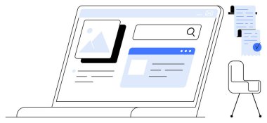 Bilgisayarı arama motoru sayfası ve resim küçük resmi ile aç, kontrol işaretli bitişik belgeler ve bir ofis sandalyesi. Uzak çalışma, ofis kurulumu, üretkenlik, web tasarımı, teknoloji kullanımı için ideal