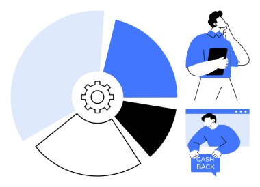 Üç dilimli turta grafiği ve ortasında bir vites. Tabletli bir adam düşünüyor ve elinde nakit para levhası tutan başka bir adam var. İş analizleri, istatistikler, strateji planlaması için ideal