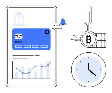 Dijital cüzdan detayları, kripto para birimi sembolü ve saati olan mobil ekran. Finans uygulamaları, kripto para birimi, zaman yönetimi, bankacılık, teknoloji eğitimi için ideal. Modern resimleme biçimi