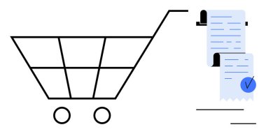 Kontrol işaretli makbuzların yanındaki basit siyah beyaz alışveriş arabası. Çevrimiçi alışveriş, e-ticaret, perakende yönetimi, ticari işlemler ve tüketici finansmanı için ideal. Minimalist vektör biçimi