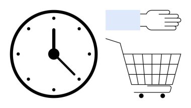 Siyah saat, bir alışveriş arabası, ve bir el ikonu, alışverişte verimli zaman yönetimini temsil ediyor. İş, perakende, çevrimiçi alışveriş, verimlilik ve zaman yönetimi temaları için ideal. Asgari