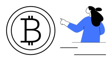 Siyah ve minimalist tasarımı olan büyük bir Bitcoin sembolünü işaret eden kişi. Teknoloji, kripto para birimi, finans, eğitim ve yatırım temaları için ideal. Modern çekiciliğe sahip basit satır sanatı