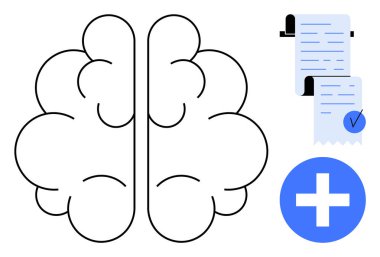Tıbbi belge ile uyumlu beyin sanatı ve zihinsel sağlık için olumlu işaret, farkındalık sağlık belgeleri bilişsel araştırma ve sağIık programları Temiz modern vektör