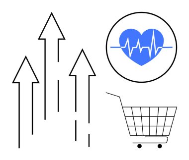 Oklar, kalp atışı ve alışveriş arabası olan mavi bir kalbin yanında büyüdüğünü gösteriyor. Sağlık, iş, piyasa eğilimleri, ticaret, online alışveriş için ideal. Basit temiz biçim