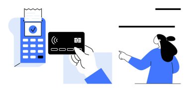 Faturalı ve elinde kredi kartı olan POS makinesi. Arka planda bir kişi var. Bankacılık, alışveriş, e-ticaret, temassız ödeme, dijital işlemler için ideal. Modern düz stil