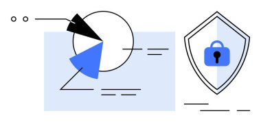 Pie şeması bölümleri ve kalkanın yanındaki bağlantı hatları veri analizi ve güvenliği sembolize ediyor. Veri koruması, siber güvenlik, iş analizi, güvenli veri depolama için ideal