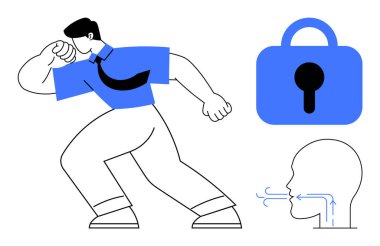 Ön koldan ağza, mavi kilit simgesi ve hava üfleyen yüz. Sağlık, virüs önleme, solunum sağlığı, güvenlik, gizlilik teması için idealdir. Basit vektör biçimi, minimalist renkler