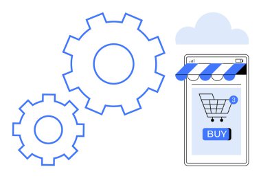 İki mavi vites, bir akıllı telefon ekranı bir alışveriş arabası, bir satın alma düğmesi ve bir bulut şekli. Çevrimiçi alışveriş, otomasyon, e-ticaret, dijital işlemler ve teknolojik gelişmeler için ideal