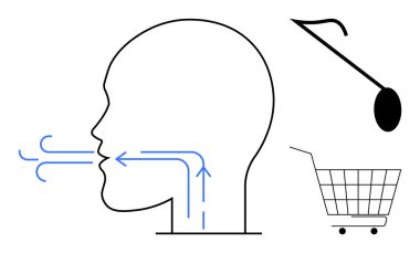 Hava akışını gösteren mavi oklu bir profilin ana hatları. Büyüteç ve alışveriş arabası da dahil. Solunum sağlığı için ideal çevrimiçi alışveriş eğitimi tıbbi ve arama temaları