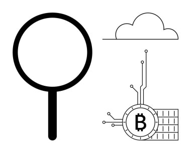 Devre kartında büyüteç, bulut ve Bitcoin sembolü var. Teknoloji, dijital para birimi, bulut hesaplama, veri analizi ve kripto para birimi eğitimi için ideal. Basit ve modern stil