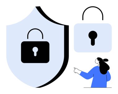 Kalkandaki büyük kilit, daha küçük kilidin ve işaret eden kişinin yanında. Siber güvenlik için ideal, çevrimiçi güvenlik, veri koruması, güvenli giriş, bilgi güvenliği. Minimalist modern tarz